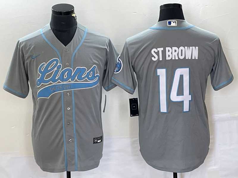 Men's Detroit Lions #14 Amon Ra St Brown Grey With Patch Cool Base Stitched Baseball Jersey,We sell and wholesale Men's Detroit Lions #14 Amon Ra St Brown Grey With Patch Cool Base Stitched Baseball Jersey on line form chian!